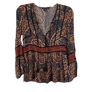 American Eagle Paisley Long Bell Sleeve Velvet Trim‎ Blouse Multicolor Size XS